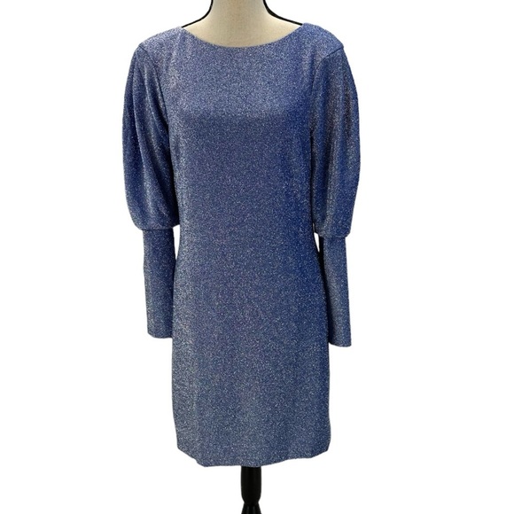 Aidan Mattox Long Puff Sleeve Boat Neck Glitter Midi Dress - Blue - size 12 - Picture 1 of 12